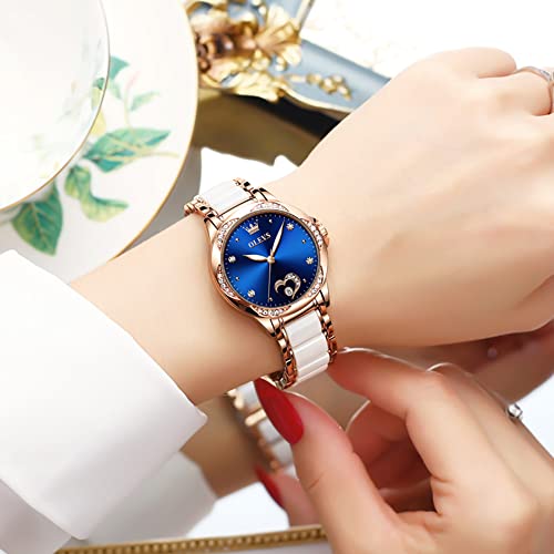 Image of OLEVS Watches for Women Dress Roman Numerals Diamonds Stainless Steel Waterproof Silver Designer Metal Date Expanding Bracelet Ladies Wrist Watch, Blue, 华丽的