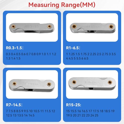 Edelstahl-Radiusmessgeräte,4Stück-Rundungsmessgerät Messwerkzeug R0.3-1.5/ R1-6.5/ R7-14.5/ R15-25mm Tragbares konkaves konvexes Radiusmessgerät Set für Werkzeug- und Formenbauer