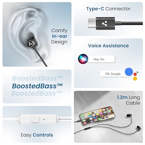 Image of Ambrane Type-C Wired Earphones, 10Mm Bass Drivers, Inline Controls for Type C Smartphones, iPhone 15 & Laptop, 1.2M Braided Anti Tangle Wire with Mic for Clear Calling (Stringz 03, Black) - in Ear