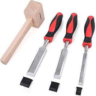 Hi-Spec 4 Piece Mallet & Wood Chisel Set. 1/2", 3/4" & 1" Steel Chisels for Carving Wood, Carpentry, Sculpting, Framing, Woodturning, Furniture, Crafts & Woodwork