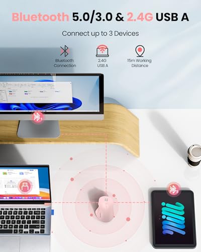 Image of TECKNET Wireless Mouse Bluetooth 5.0 /3.0 & 2.4G Rechargeable, Silent Clicks, Adjustable 4800 DPI, 6 Buttons, Ergonomic Design, Bluetooth Mouse for Laptop, Computer, ipad - Pink