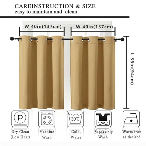 Image of Simplebrand Gold Short Cafe Curtains 36 Inch Length 2 Panels Set, Half Window Grommet Privacy Drape Tiers for Kitchen, Thermal Insulated Room Darkening Curtains for Bathroom Shades, W40 x L36