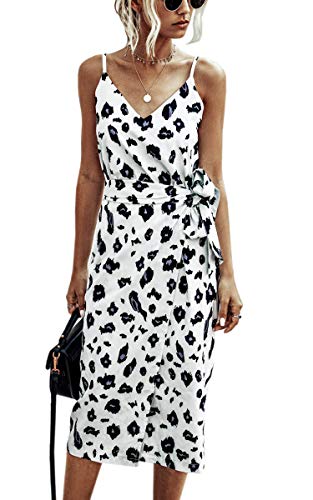 Angashion Women s Dresses - Sexy V Neck Spaghetti Strap Floral Leopard Printed Split Party Tulip Midi Dress with Belt 234 White L