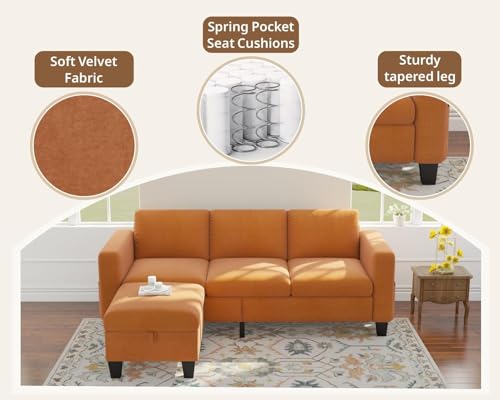 Image of SRMS Sectional Couches for Living Room 78 inch L Shaped Sofa with Storage Ottoman | Free 3 - Pillows | Sofa Set for living Room, Office, Hotel | Modern Classic 3 Seater Sofa Set | Orange