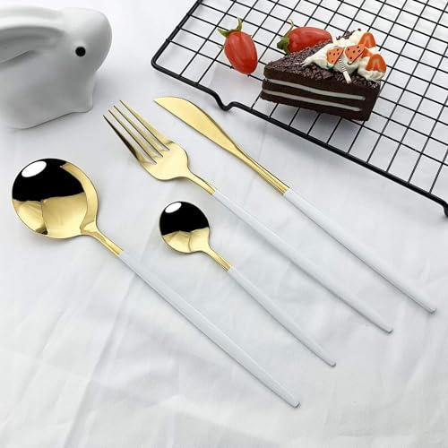 Image of Stainless Steel White Gold Cutlery Set for 6 Person with Gift Box 24 Pieces Mirror Finish Luxury Premium Flatware Set for Dining Table Hotel Cafe Bar Restaurant House Warming Gifts