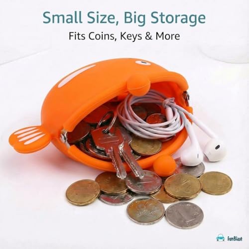 Image of FunBlast Cute Fish Shape Silicone Coin Purse for Kids & Adults - Mini Pouch for Coins, Earphones, Keys & Small Essentials, Aesthetic Pouches for Girls & Women - 12 X 9.5 X 3 Cm (Orange)