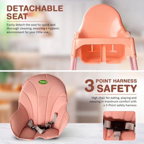 Image of Baybee 2 in 1 Baby High Chair for Kids, Baby Feeding Chair with 2 Height Adjustable, Footrest, Tray, Mobile Stand, 3 Point Safety Belt | Kids High Chair for 6 Months to 3 Years (Pink)
