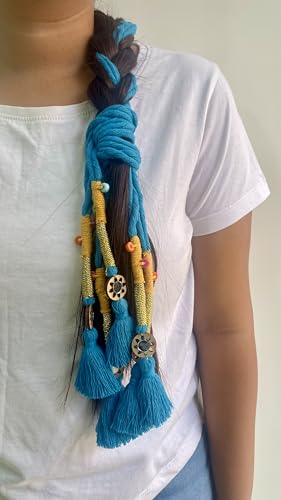 Image of Zippy Flora Neelima Parandi (Firozi) | Traditional Boho Handmade Paranda Hair Accessory with Braid Tassels | Women's Ethnic Hair Extension for Choti, Braids & Patiala Shahi Hairstyles