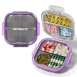 ONTERATE Reise Pillendose, Kleine Pillendose mit 7 Fächern für die Handtasche, Tragbares Kleines Pillenetui, Feuchtigkeitsbeständige Mini Medikamentenbox für Vitamine und Fischöl (Lila)
