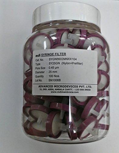 mdi SYGN0602MNXX104 Nylon-66 Membrane Syringe Filter with Microgalssfiber Pre-Filter, Non Sterile, Female Luer-Lock Inlet, Male Luer Slip Outlet, 25 mm Diameter (Pack of 100)