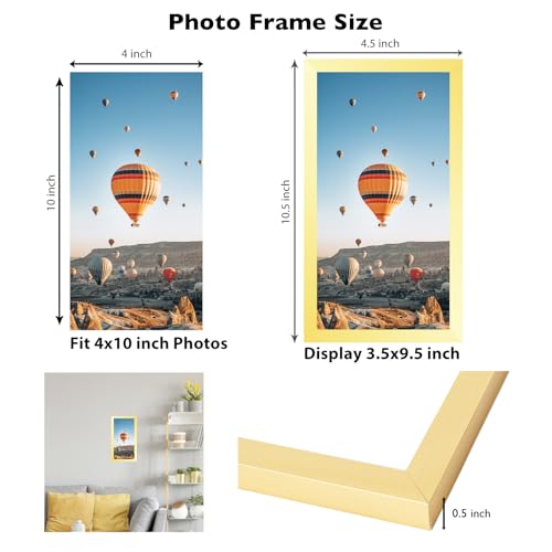 Image of JCJMY 4x10 Picture Frame Gold for Wall Hanging or Tabletop, Wall Mounting Horizontally or Vertically, 4 x 10 Wall Gallery Poster Photo Frame with Shatter Resistant Plexiglass, Gold