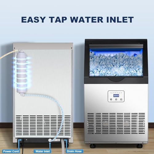 Image of 90LBS /24H Commercial Ice Maker Machine, Undercounter or Freestanding Stainless Steel Ice Machine with 25LBS Storage, 32 Cubes /Cycle, Self-Cleaning & Quiet Operation for Home, Bar, Restaurant