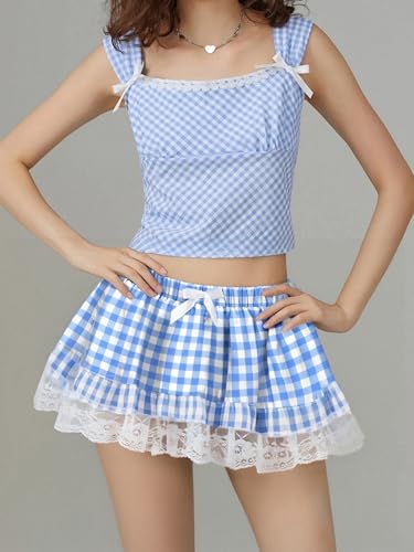JK Plaid Patchwork Skirt for Women Lace Hem High Rise A-Line Skirt for School Stage Show3