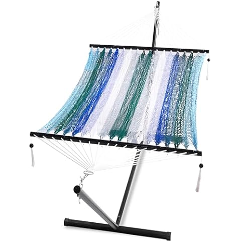 PNAEUT Double Hammock with Stand, Luxurious Handwoven Rope Hammocks, 2 Person Heavy Duty Steel Stand for Outside, Max 475 lbs Capacity (Aqua, with Stand) Cover