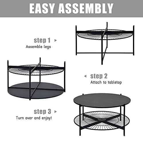 Image of NSdirect Round Coffee Table,36 inches Rustic Wooden Tabletop and Reinforced Crossbar with Open Storage Shelf Vintage Circle Cocktail Table with Metal Legs for Living Room,Black
