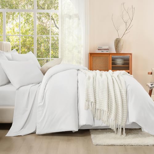 Image of Litanika Comforter Queen Size Set White - 7 Pieces Bed in a Bag Queen Bedding Comforter Sets, Plain Lightweight Bed Set with Comforter, Sheets, Pillowcases & Shams