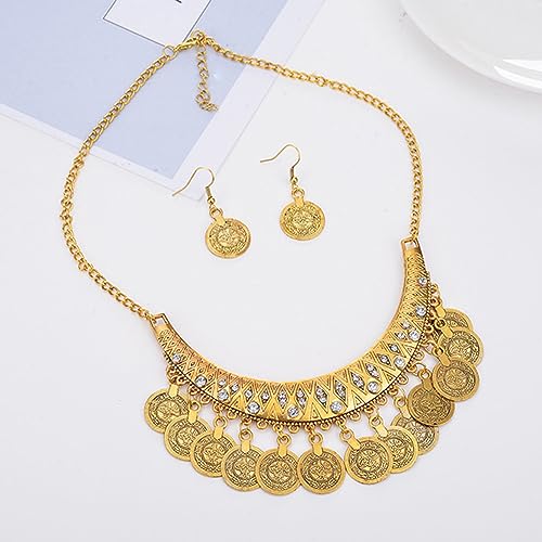 Dcfywl731 Gypsy Jewelry Set Gypsy Costume for Women Renaissance Costume Women Gold Coins Necklace Earrings Bracelet Set Boho Rhinestone Necklace Halloween Costume Accessories