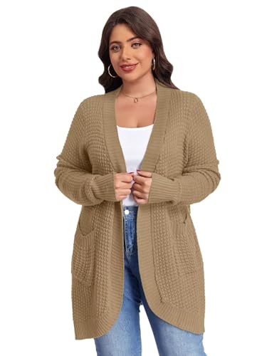 Image of LARACE Long Cardigans for Women Plus Size Tops Open Front Sweaters with Pockets Waffle Ribbed Sleeve Loose Fall Outwear
