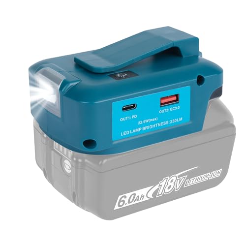 Waitley - Adp05 マキタ18vバッテリー用USBアダプター 5V/12Ｖ出力 高輝度LEDライト付き USB 急速充電対応 出力22.5ｗ MAX 応急照明 (アダプターのみ)