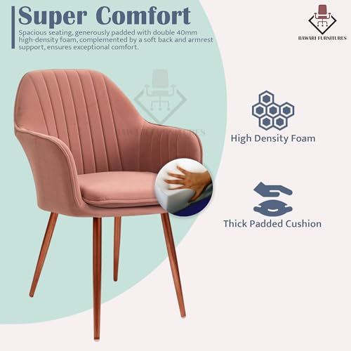 Image of Plush Dining Chair | Accent Chair for Living Room Bedroom Restuarant | Velvet Fabric & Thick Cushion Seat with Sturdy Glossy Metal Legs (Bronze Legs, Pink)