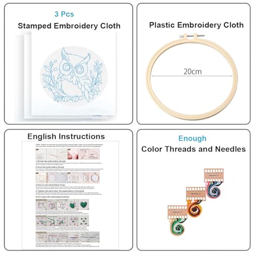 Image of Konrisa Owl Embroidery Kit for Beginners Adult, Embroidery Starter Kit with Cloth Hoops Threads DIY Sewing for Craft Lover Hand Stitch Needlepoint Kits