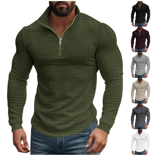 Mens Quarter Zip Sweatshirt Long Sleeve Casual Waffle Pullover Solid Color Geometric Texture Pullover Muscle T Shirts4