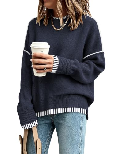 Image of Womens Sweaters Causal Crewneck Batwing Sleeve Knit Top Side Split Oversized Pullover Sweater Loose Jumper