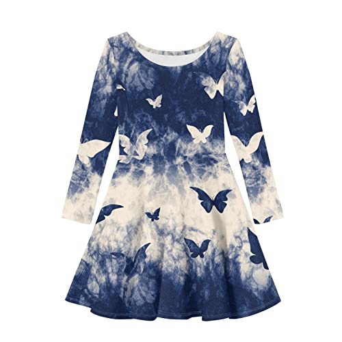 Little Girls Long Sleeve Midi Dress Blue Tie Dye Butterfly Print Loose Fit Flare Swing A Line T Shirt Dress for Girls 5-6 Years Old Novelty Kids School Dance Holiday Party Classic Skater Dress