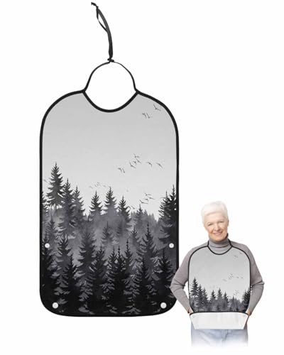 LEOKOTI Black Grey Forest Adult Bibs for Eating, Waterproof Bibs with Food Catcher & Adjustable Snap Closure, Rustic Pine Tree Birds Farmhouse Washable Clothing Protectors Adult Bibs for Elderly
