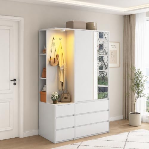 White Wardrobe Closet with Mirror and LED Light