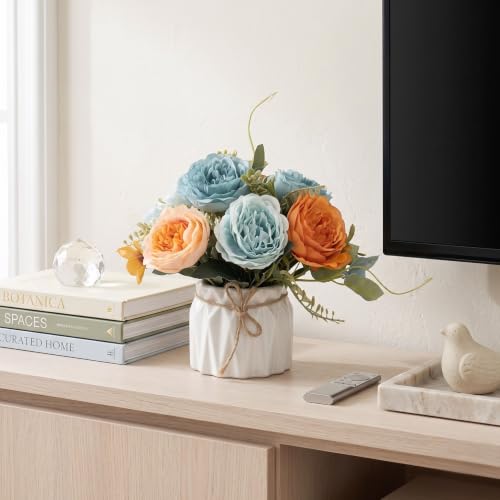 Image of Dekorly Artificial Lavender Plant in White Pot, 18cm - Realistic Faux Flower Arrangement for Home & Office Decor (Set of 1) (1, New Peony Lower)