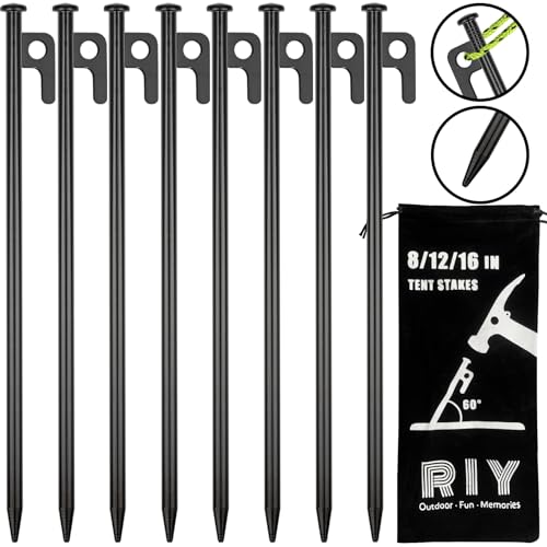 Estacas para tienda de campaña RIY 12 pulgadas resistentes paquete de 8 unidades acero forjado pesado miniatura 1