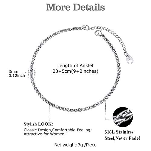 Focalook Stainless Steel Anklets For Women Waterproof Anklet 3Mm Wheat Rope Anklet Dainty Simple Foot Chain Adjustable 9-11Inch #TOP5