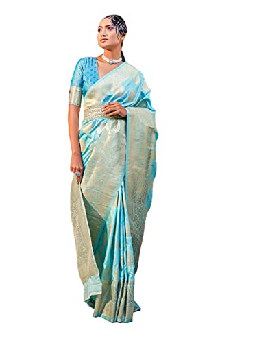 Costume indien traditionnel femme en soie bleue vêtement non cousu 8204