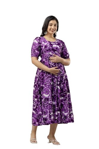 Image of Women's Rayon Anarkali Maternity Ankle Length Dress, Pregnancy Dress,Feeding Kurti,Easy Brest Feeding Dress, with Both Side 9 inch Zipper and Belt