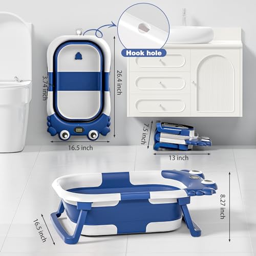 Image of Collapsible Baby Bathtub for Newborns with Thermometer and Soft Floating Cushion Portable and Foldable Travel Baby Boy Bath Tub for Infants to Toddler 0-36 Month (Navyblue)