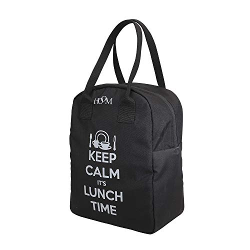 Image of HOOM Insulated Lunch Bag for Office Men, Women and Kids, Leak Proof Water Resistant Polyester Made Lunch Tiffin Bag with Quotes (Black Keep Calm It's Lunch Time)