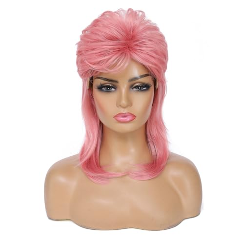 Cariniss Mullet Wig for Women Shoulder Length Synthetic Cosplay Wig 80s Wigs Halloween Cosplay Daily Hair Wigs (Pink)