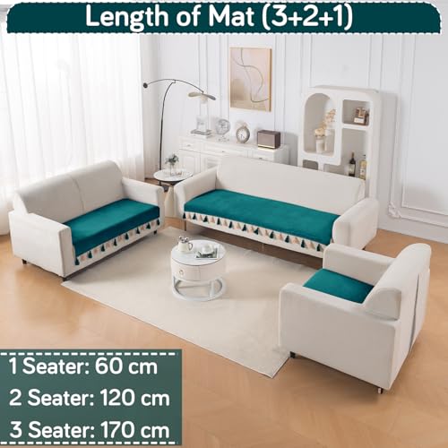 Image of HOKIPO 6 Seater Sofa Cover Mat with Tassel in 3+2+1 Configuration | Dyed Holland Velvet Fabric | 'TasselTone Series' | Teal (IN-1108+1106+1104-TL)