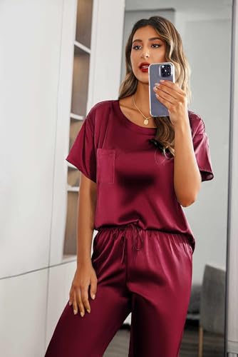 Image of Ekouaer Womens Satin Silky Pajama Set Short Sleeve Shirt with Long Pajama Pant Set Soft PJ Loungewear