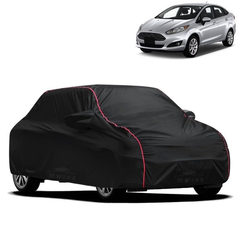 Image of Waterproof Car Cover for Ford Fiesta | All-Weather Protection, Dustproof & UV Resistant | Triple Stitched Mirror Pockets, Windproof Buckle Strap with Elastic Hem, Black-Red Piping
