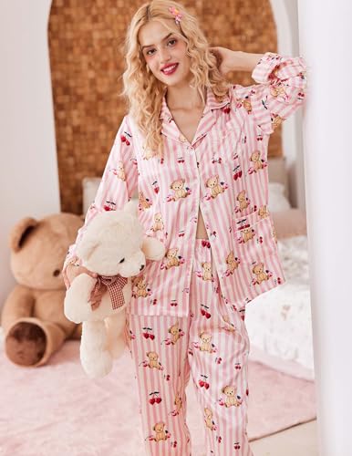 Image of Ekouaer Pajamas for Women Silk Satin Button Down Long Sleeve Pajama Sets