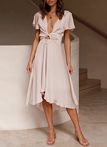 Image of miduo Womens Satin V Neck Ruffle Short Sleeve Tie Front High Waist Midi A-Line Maxi Dresses