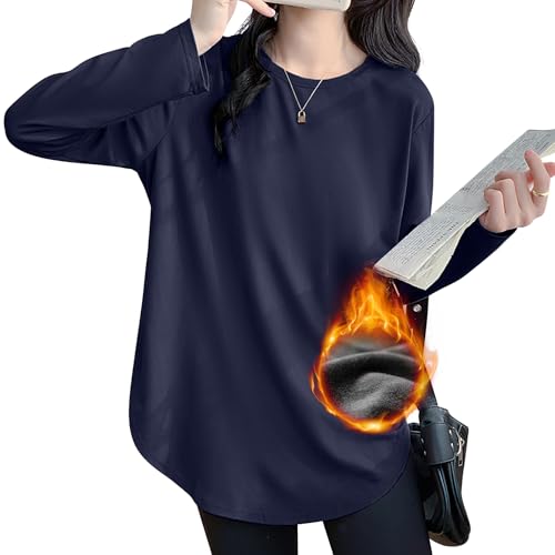 [Adcey] Tシャツ レディース 長袖 トップス カットソー 防寒 ティーシャツ 丸首 クルーネック やわらかい 着痩せ ゆったり 重ね着 インナー 無地 シンプル 耐久性 きれいめ (L, ネイビー) - Adcey - 商品画像
