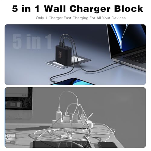 Image of Fast USB C Charger Block,60W USB C Phone Charger Plug,2Pack 5-Port Type C Wall Chargers Power Adapter,Multiport iPhone Charger Fast Charging Brick for iPhone 17 Pro Max /17 Air /16 Pro /15 /14 /13 /12 /11Pro