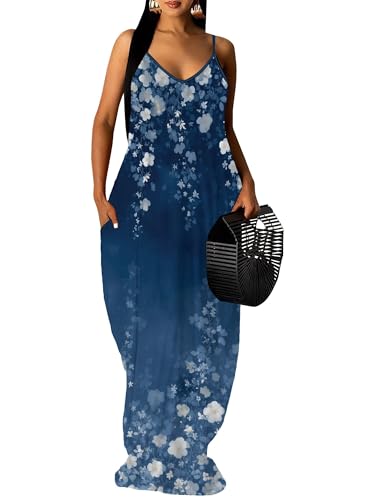 Image of Women Spaghetti Strap Maxi Dress with Pockets | Soft fabric relaxed fit sleeveless v neck with pockets for party and daily wear