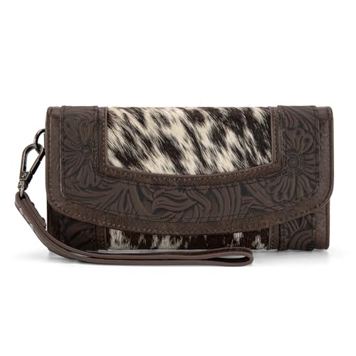 Montana West Wallet Women Western Floral Tooled Cowhide Wallets Card Cases & Money Organizers Large Capacity Phone Wristlet Wallets for Womens Ladies Female with ID Window