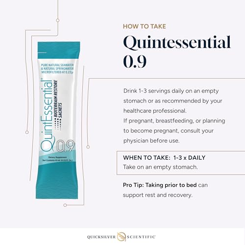 Quicksilver Scientific Quintessential 0.9 Sachets - Isotonic Solution with Sea Water Minerals + Alpine Spring Water - Liquid Hydration, Electrolyte + Multi Minerals Supplement (30 Count)