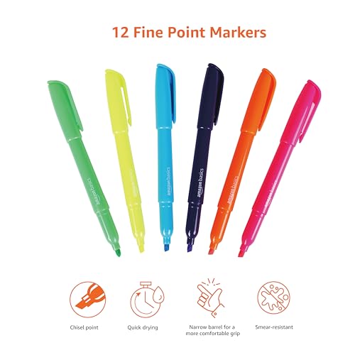 Image of Amazon Basics Chisel Tip Highlighters, Fluorescent Ink, Vibrant Assorted Colors, School Supplies, 12-Pack