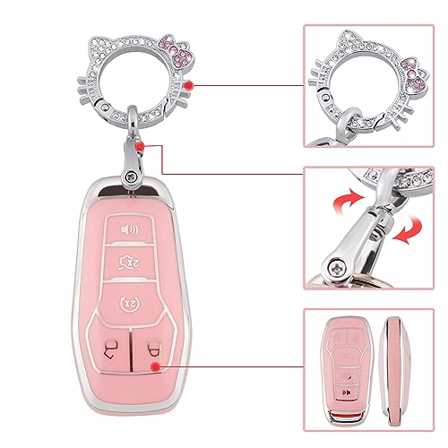 Image of Pangpai Pink Key Fob Cover for Ford, Soft TPU Key Case Protection with Bling Keychain Fit for F150 Explorer Mustang Edge Lincoln MKZ MKX MKC